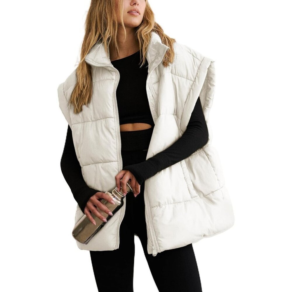 Women's Cream Winter Puffer Vest Quilted Lightweight Stand Collar Sleeveless